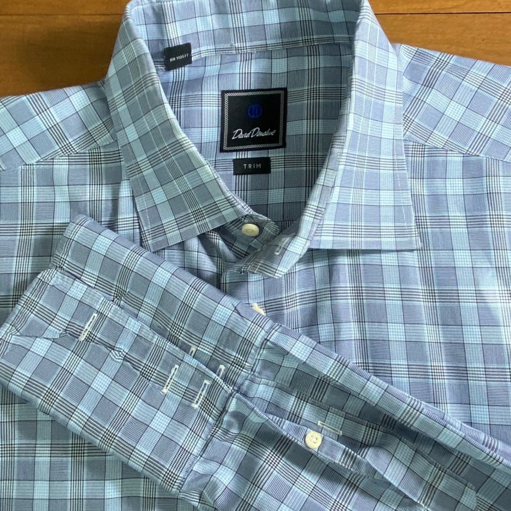 David Donahue Trim Fit Dress Shirt Blue Plaid 100% Cotton 18 34/35 French Cuff